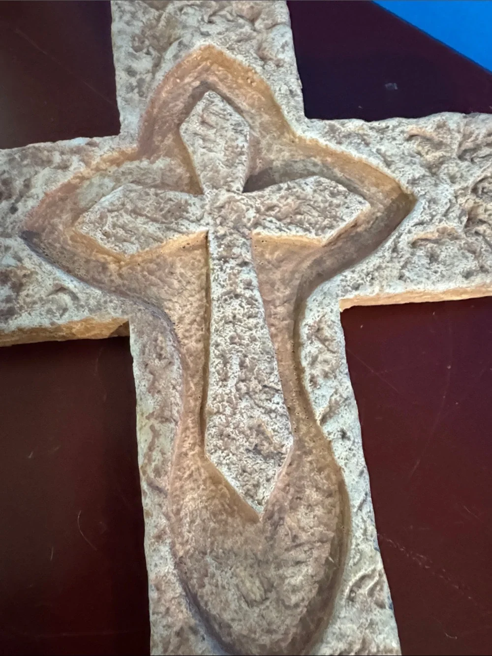 Carved Stone style Wall Cross - Warm Terracotta Finish